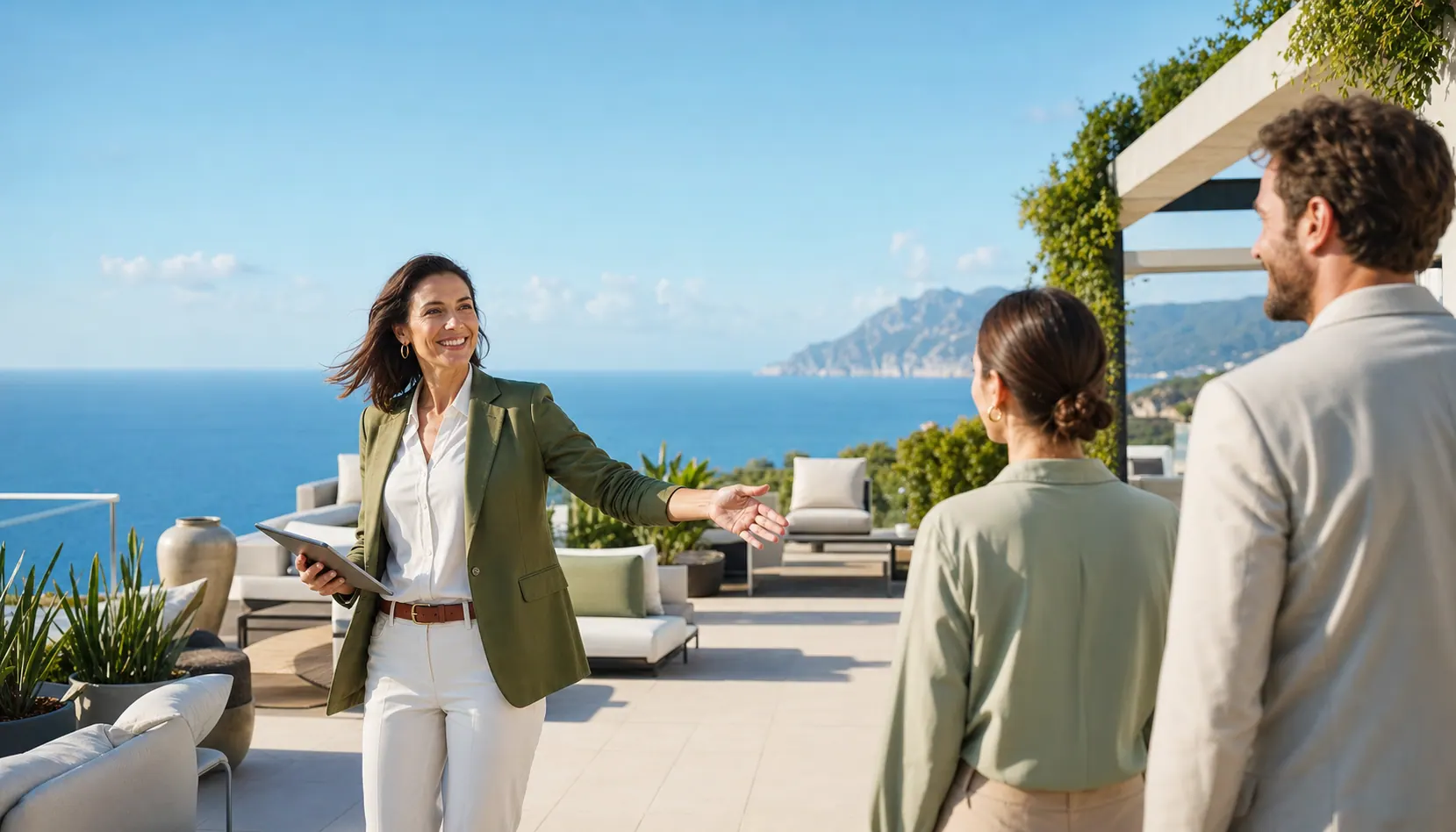 Persone si incontrano su una terrazza luminosa