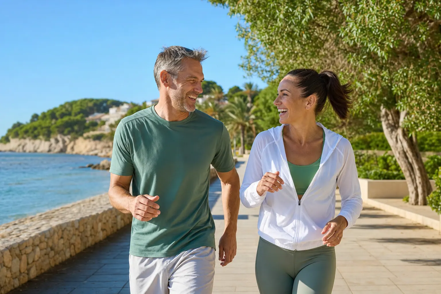 Due persone passeggiano sorridendo vicino al mare